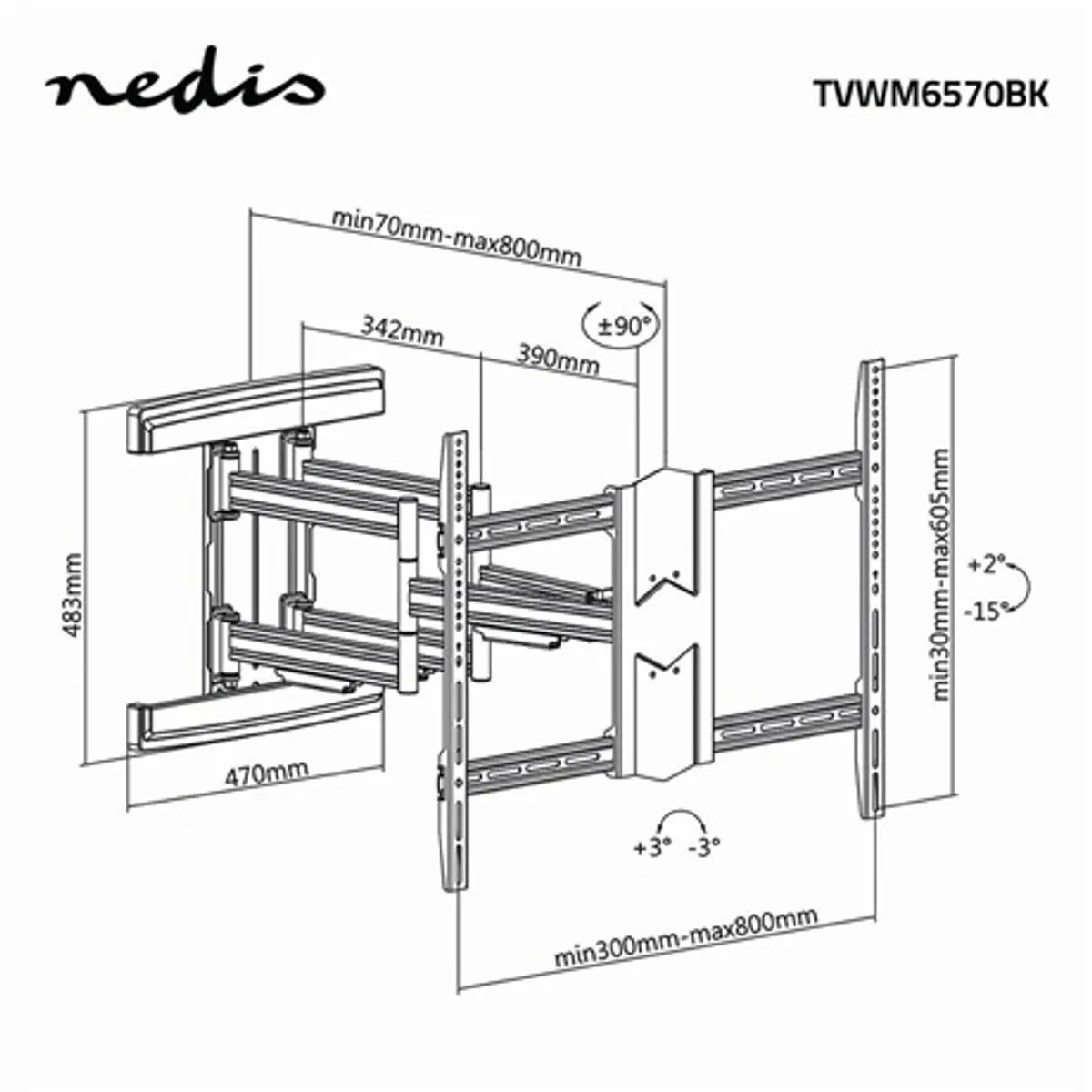 Nedis TVWM6570BK szabadon mozgatható fali TV-tartókonzol 43-90" 70 kg forgatható dönthető 3 forgáspont 70-800 mm VESA 400x400 #10