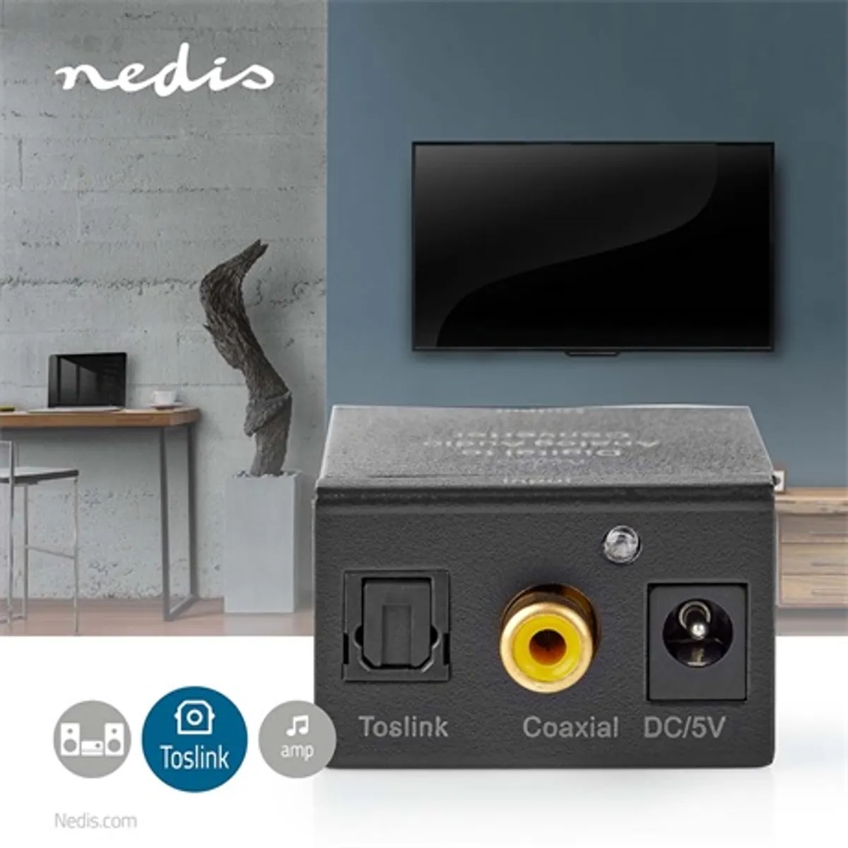 Nedis ACON2510BK digitális audiokonverter TosLink és RCA bemenetek, analóg kimenet 3,5 mm és RCA, 24 bit 44,1 48 96 kHz, integrált erősítő #2