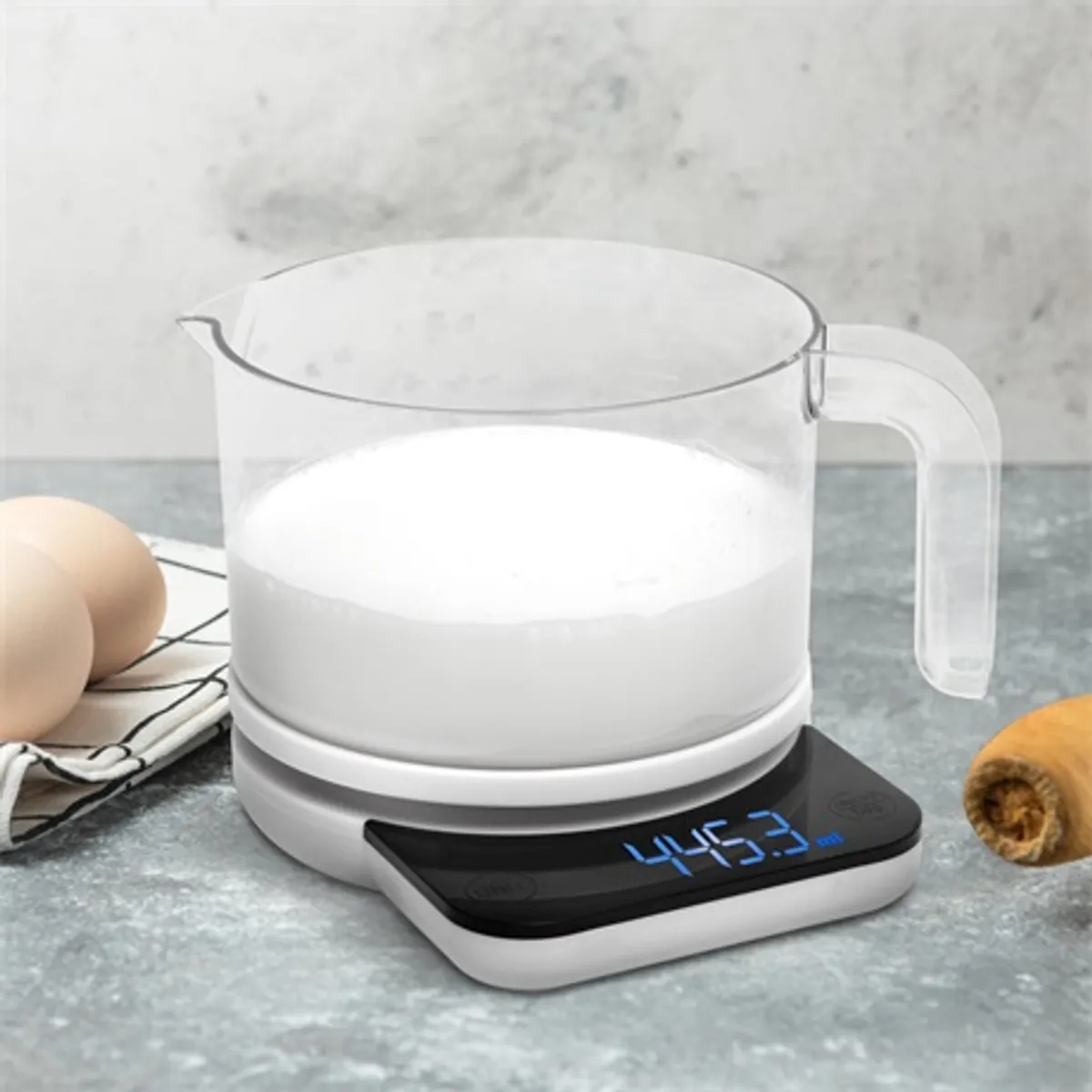 Bewello BW1019 digitális mérőkancsó 800 ml és 3 kg 0,1 g tárazás kivehető kancsórész g lb oz ml műanyag #1