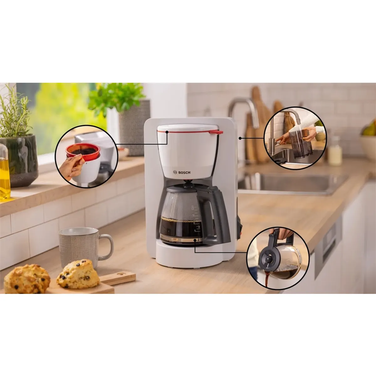 Bosch TKA2M111 filteres kávéfőző fehér 1,4 l 1200 W dripStop automatikus kikapcsolás 40 perc kihajtható szűrőtartó aromavédő üvegkanna #3