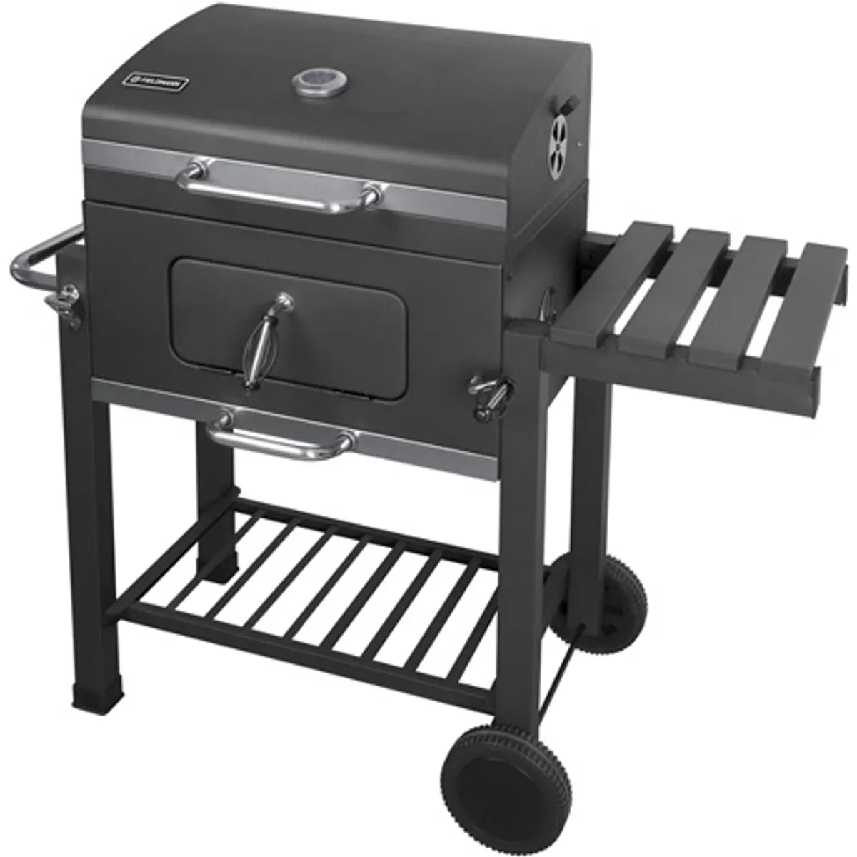 Fieldmann FZG 1008 grill kerti faszenes tűztér 61x45,5 cm sütőrács 27,8x41,5 cm melegentartó rács 53,5x24 cm sütési magasság 78 cm krómozott grillrácsok beépített hőmérő #1