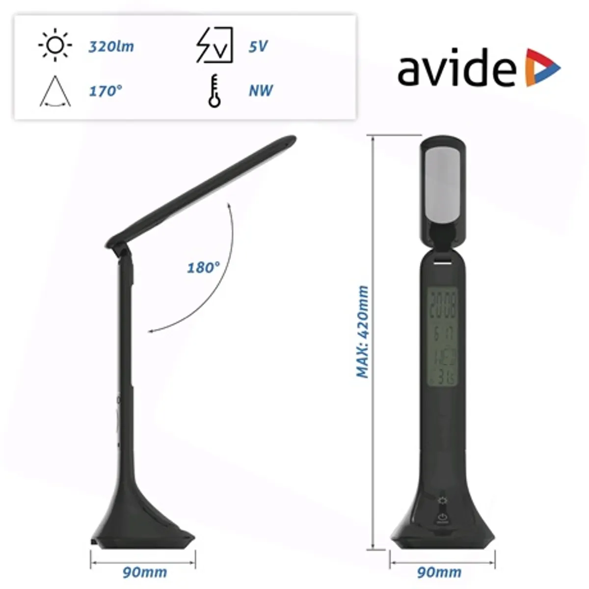 Avide ABLDL-CALENDAR-5W fekete led asztali lámpa naptárral óra ébresztő hőmérséklet kijelzés akkumulátor #3