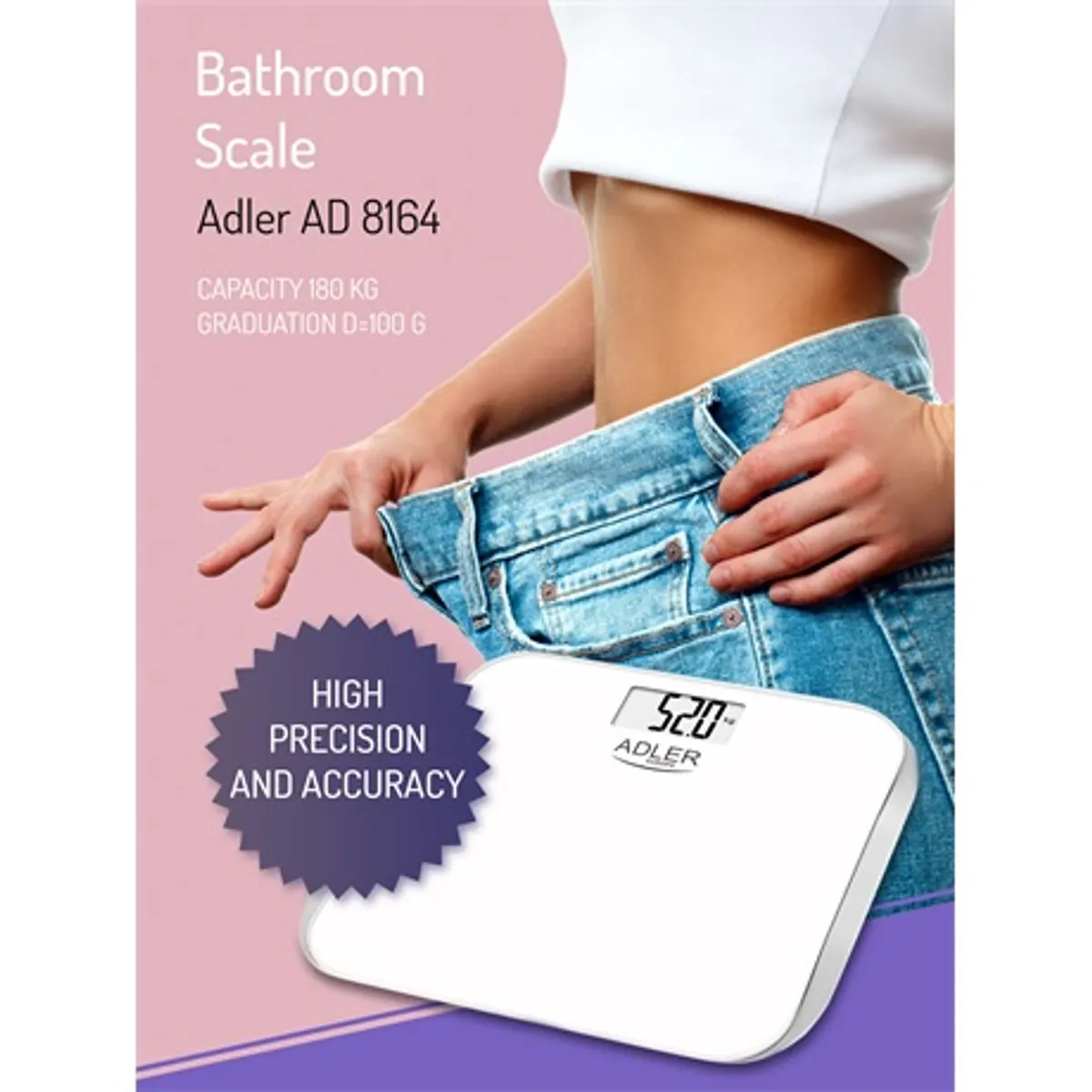 Adler AD8164 Személymérleg 180 kg 100 g 4-szenzoros edzett üveg 6 mm LCD automatikus nulla automatikus kikapcsolás #7