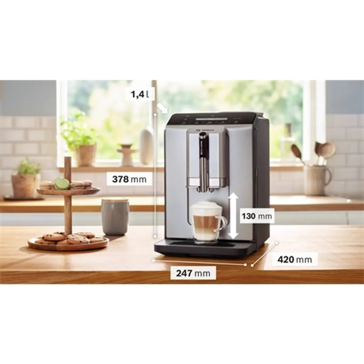 Bosch TIE20301 VeroCafe kerámia őrlő OneTouch 5 program tejhabosító LCD kijelző állítható kávéfolyó 15 bar víztartály 1,4 l #4