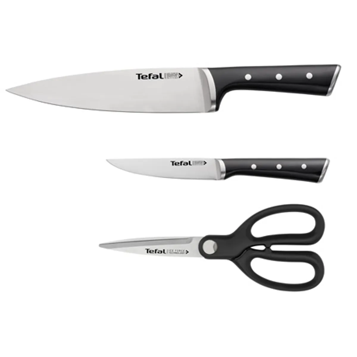 Tefal K232S355 Kés készlet 3 részes rozsdamentes acélból 20 cm séfkés 11 cm konyhai kés olló #1