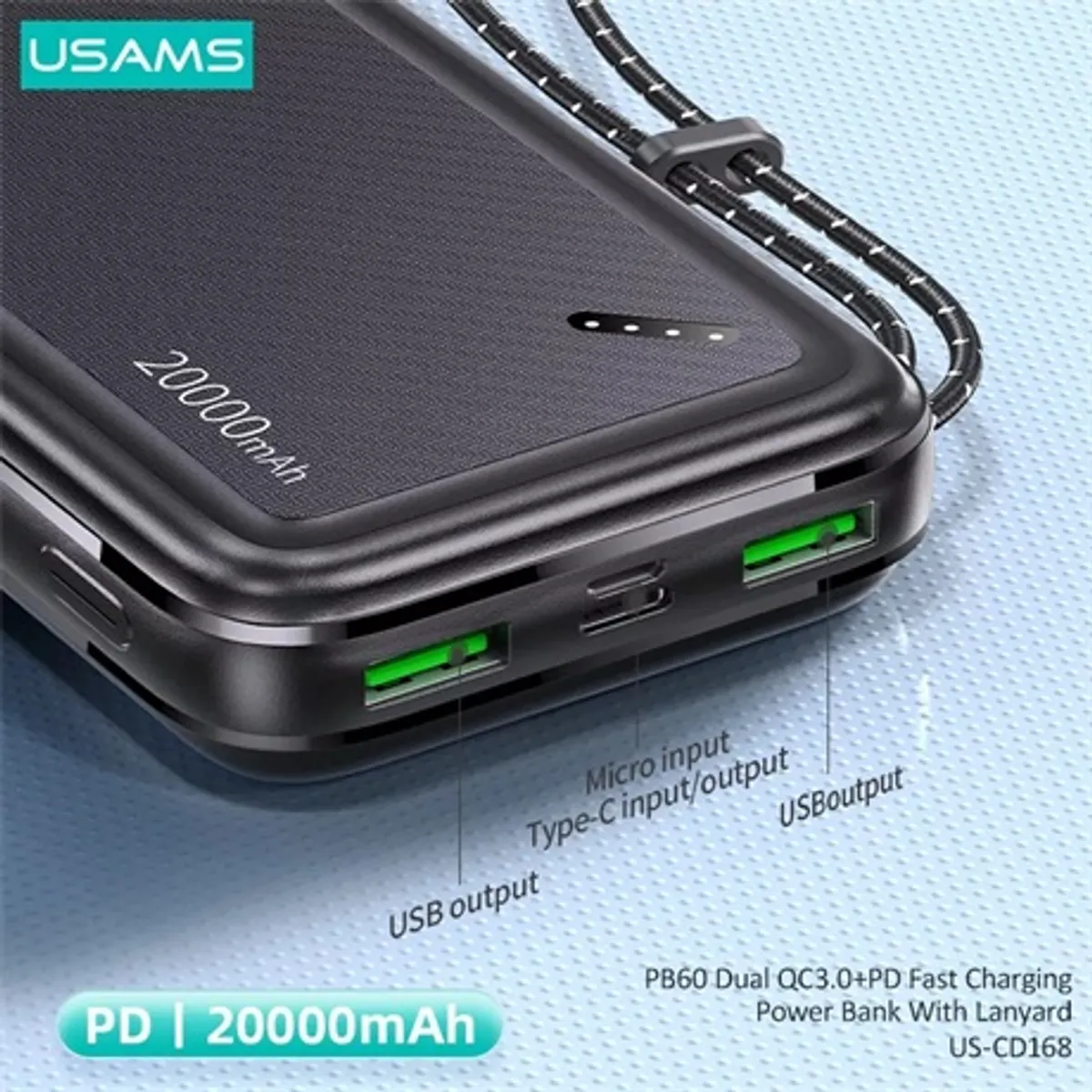 Usams 20KCD16801 powerbank 20000mAh PD 22,5W 2 USB-A 1 USB-C micro input #3