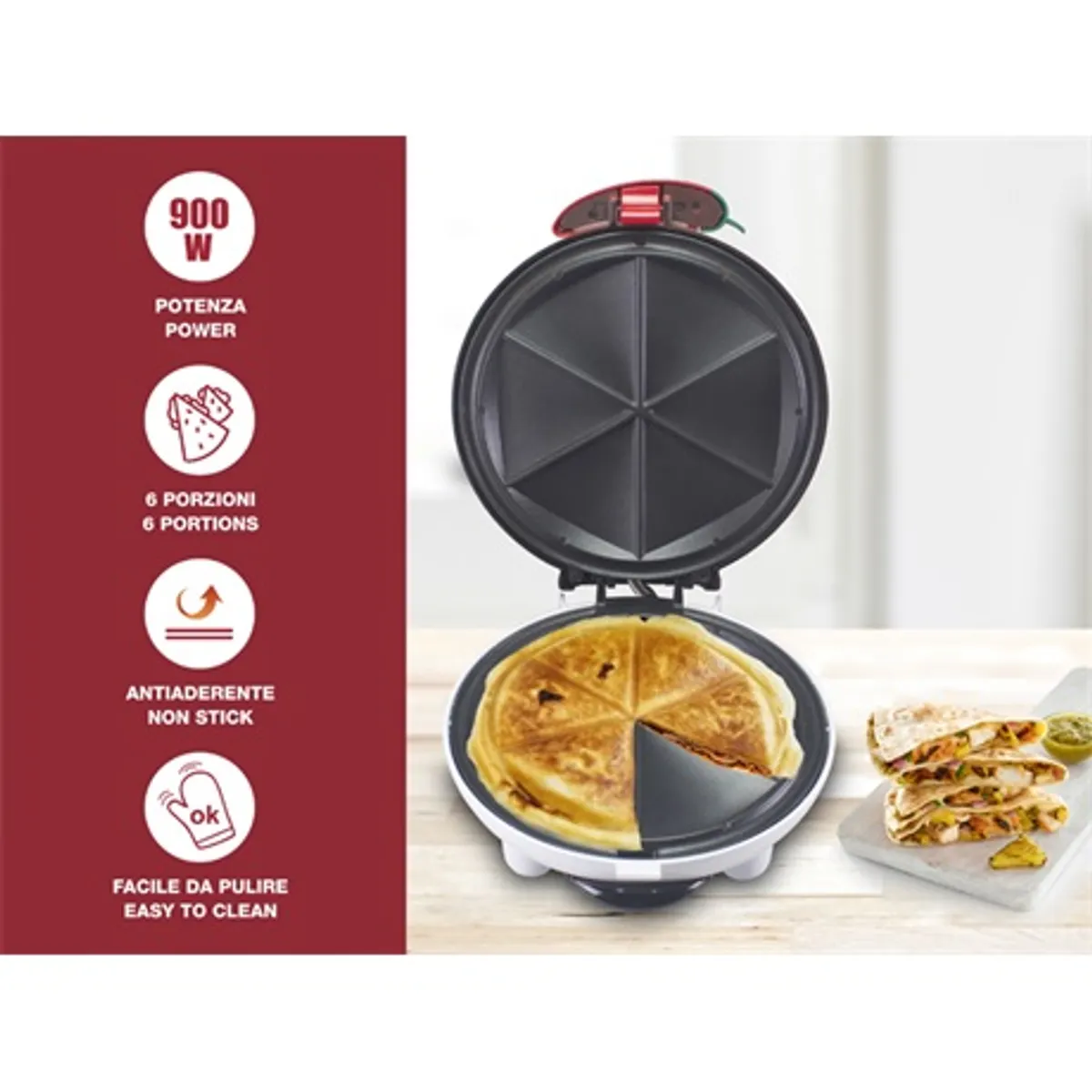 Beper P101CUD600 quesadilla sütő 23,5 cm sütőfelület, piros-fehér, tapadásmentes bevonat, hőszigetelt fogantyú, csúszásmentes lábak #6
