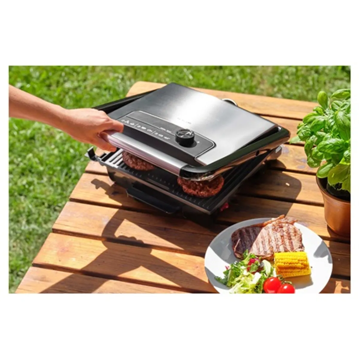 Sencor SBG 3710SS kontakt grillsütő bordázott grillfelület tapadásmentes sütőlap, 2000 W, 90 fokos nyitás, hőszigetelt fogantyú #9