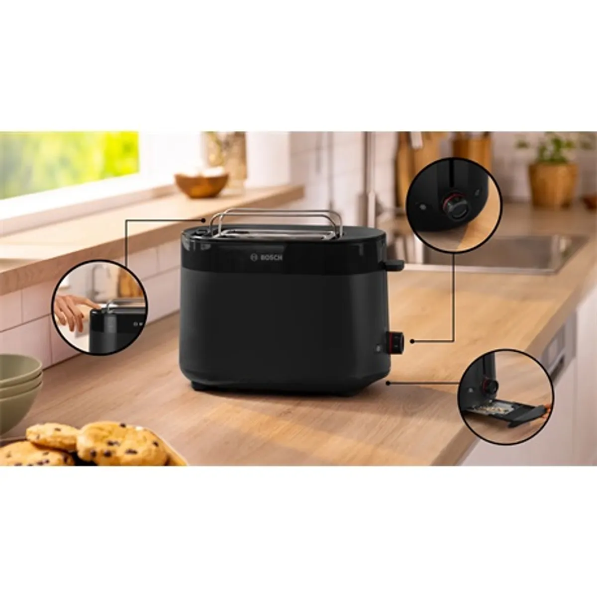 Bosch TAT2M123 kenyérpirító két szeletes olvasztás és felmelegítés integrált melegítőrács morzsatálca elöl automatikus kikapcsolás BPA-mentes #3