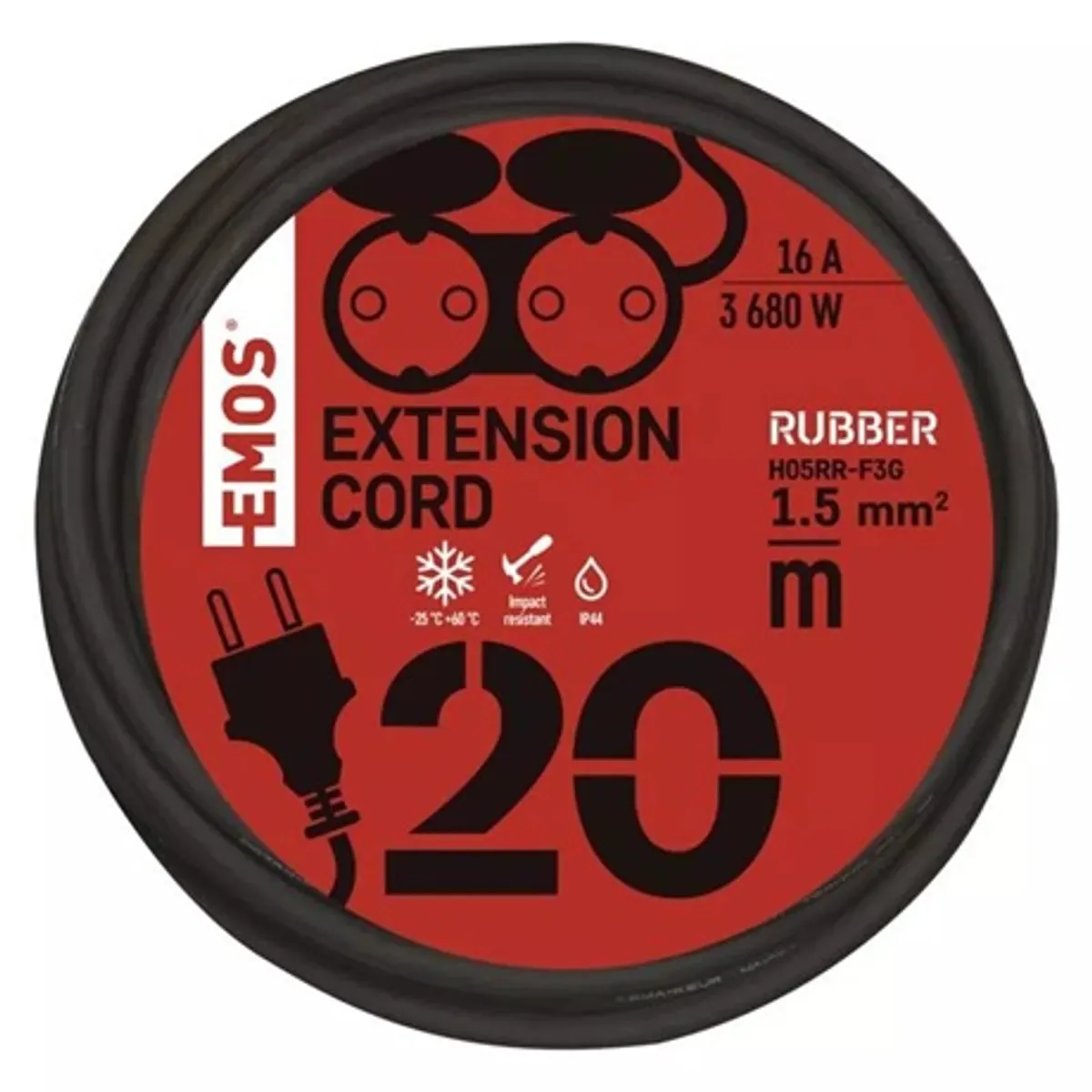 Emos P0703 hosszabbító 20 m 2 aljzat 230 V 1,5 mm2 IP44 fekete gumi #3