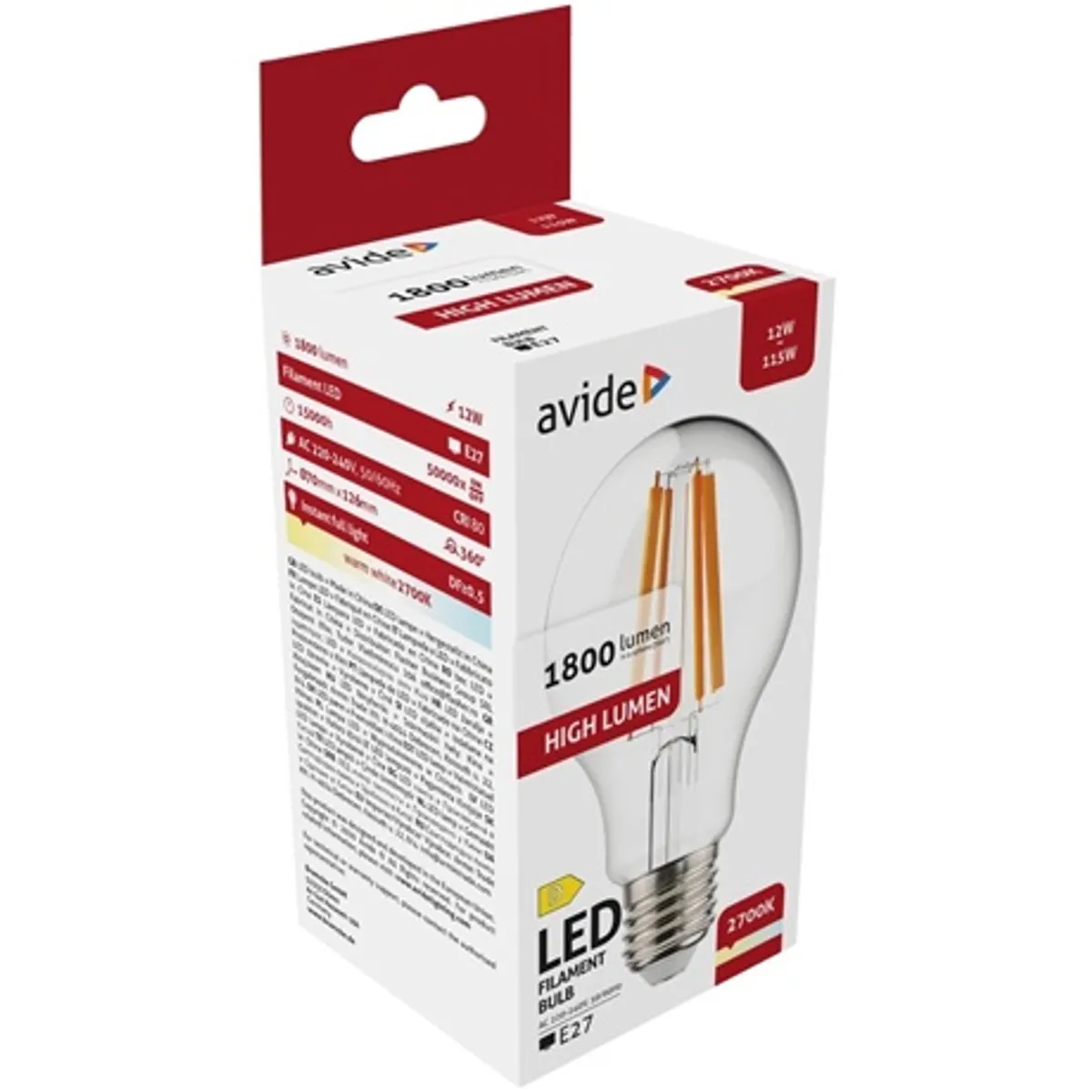 Avide ABLFG27WW-HL-12W Led filament gömb izzó a70 e27 2700k 1800 lm 180 fokos ip20 ce #2