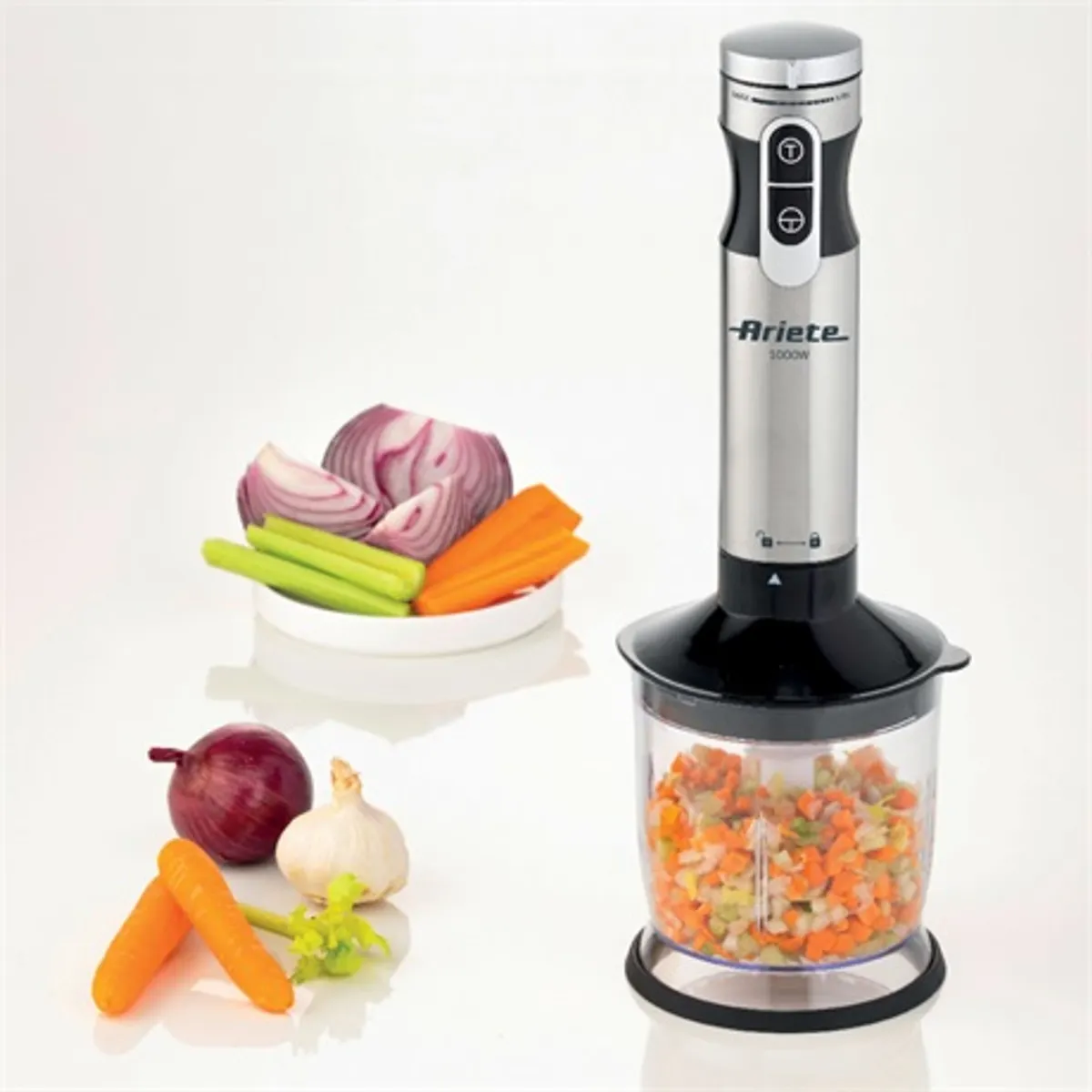 Ariete 898.1 7 az 1-ben botmixer szett 1000 W 10 fokozat Turbo 4 késes acél pengék habverő 500 ml aprító 700 ml mérőpohár 2 literes munkatál burgonyapürésítő korongok #9