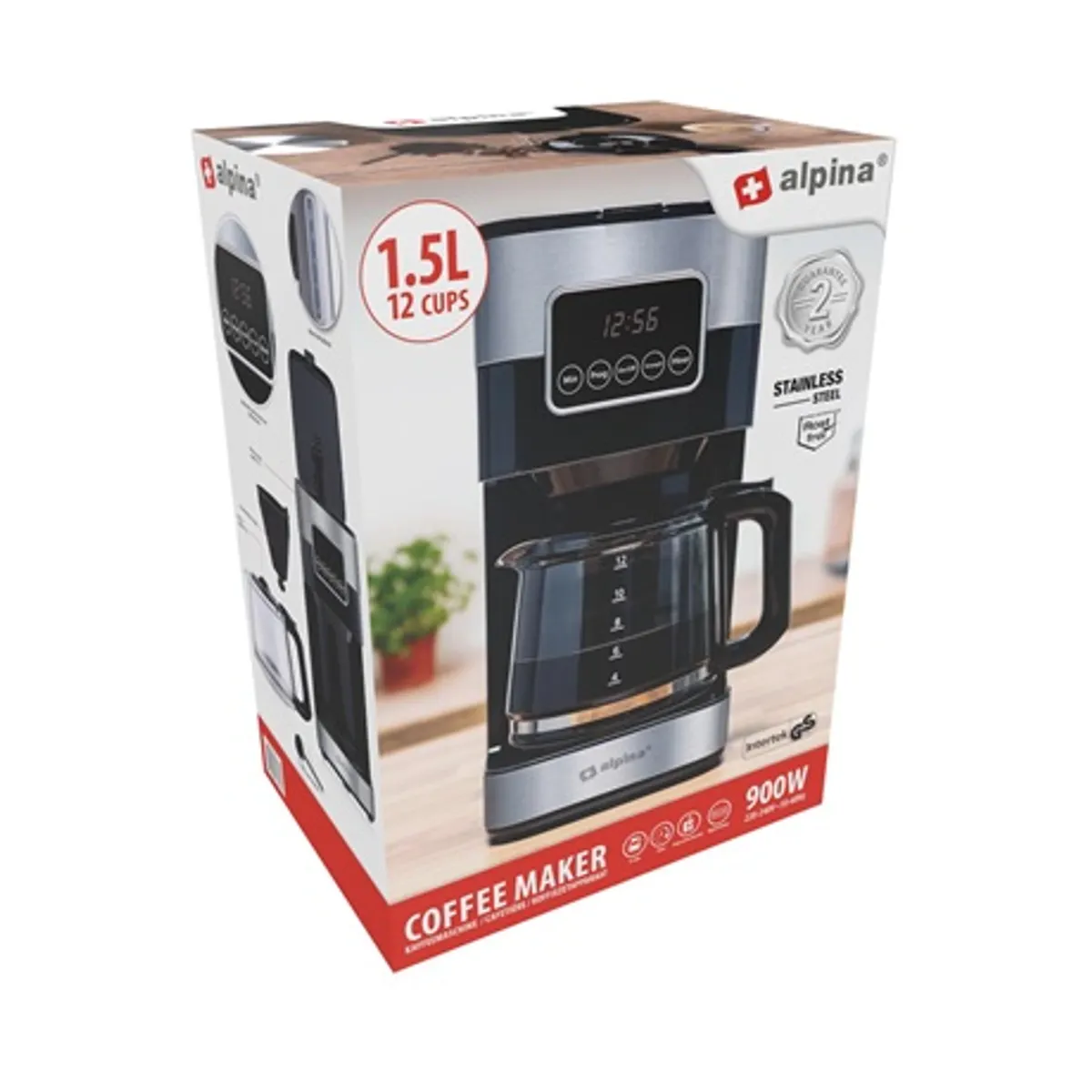 Alpina 47347 Kávéfőző filteres 1,5 l tartály 900 w 230 v 12 csésze digitális érintő kijelző melegentartó automatikus kikapcsolás csúszásmentes talpak 75 cm kábel #3