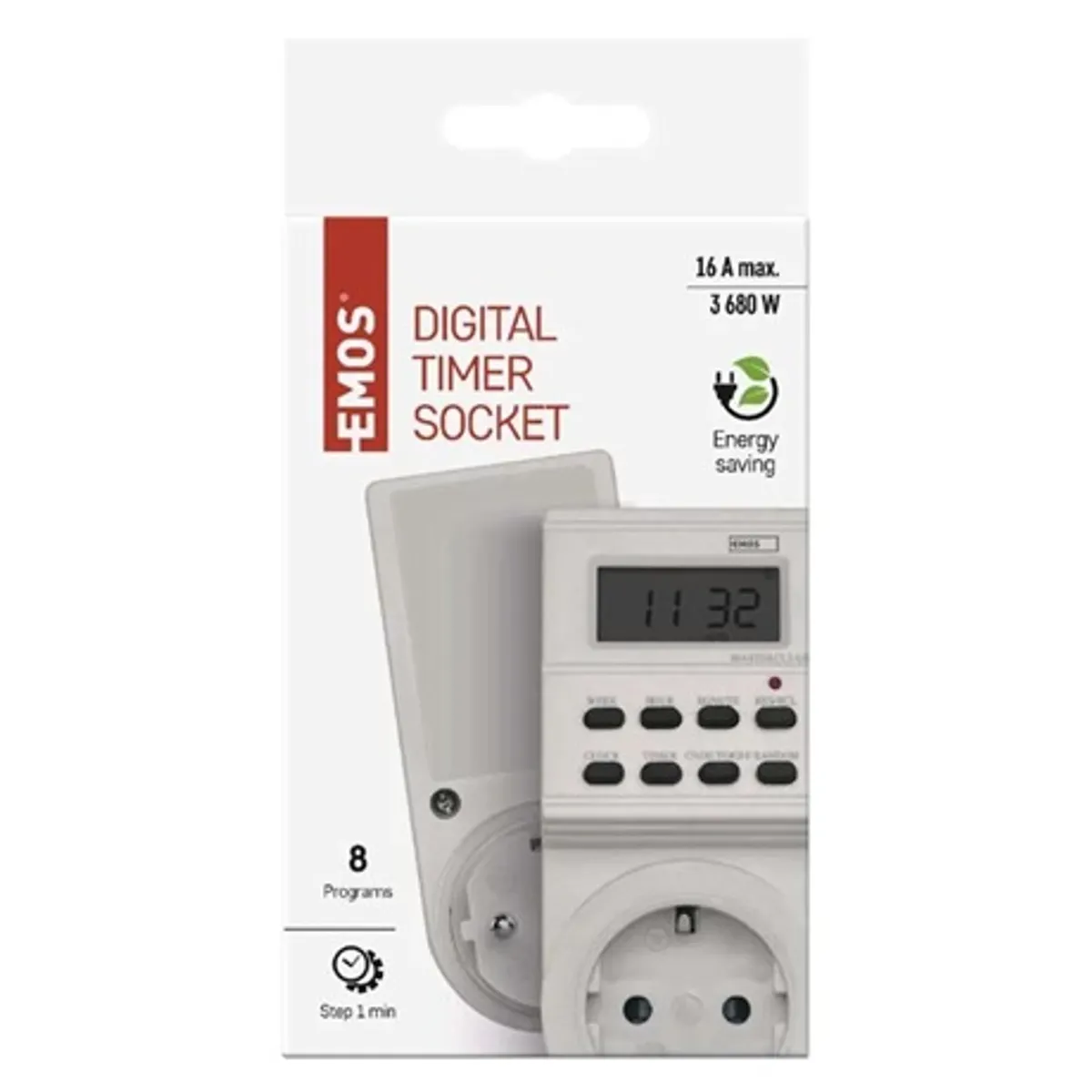 Emos P5521N digitális időkapcsoló aljzat 230V 16A 3680W IP20 8 programok 1 perc kapcsolási idő nyári időszámítás gyerekzár NiMH 1,2V gombelem #5