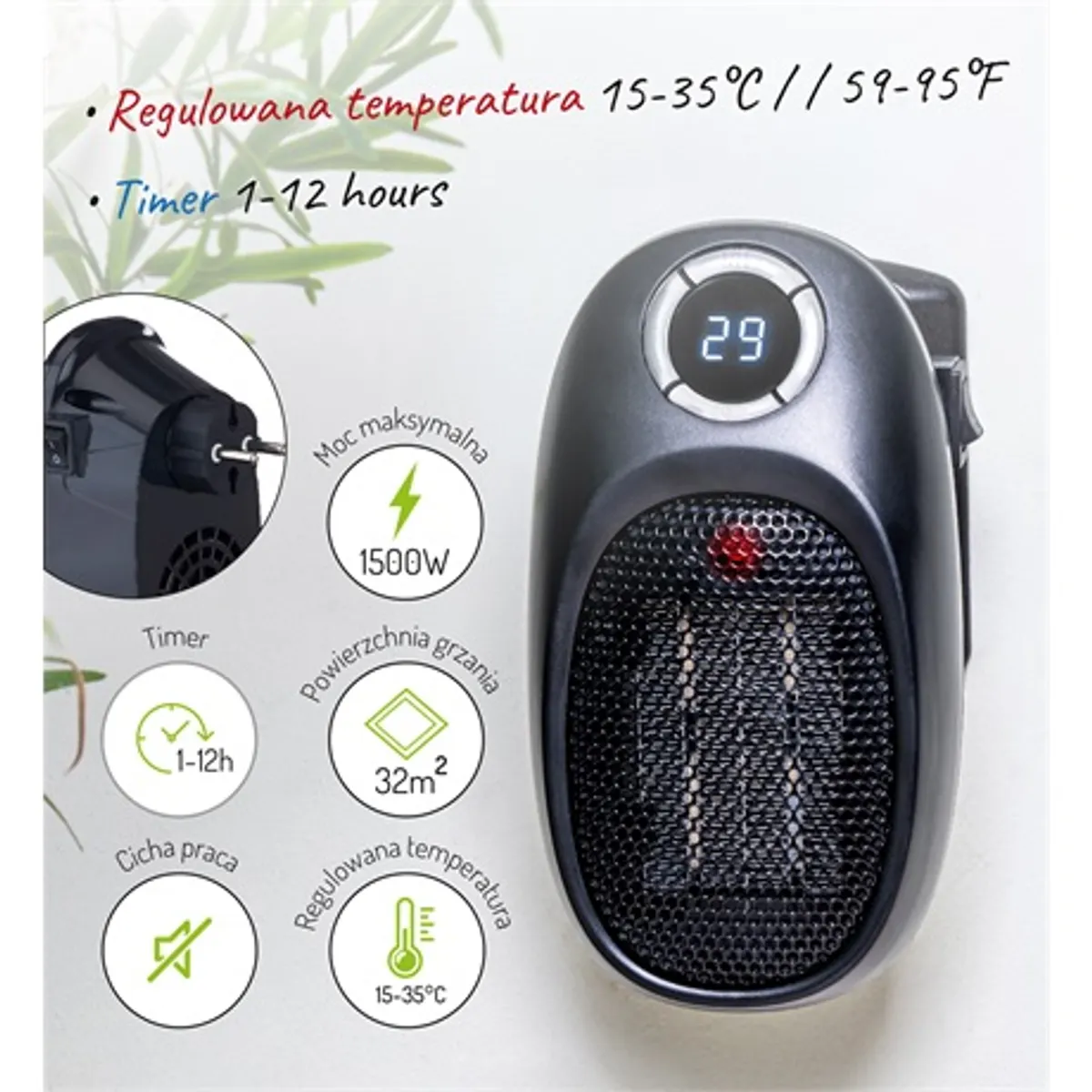 Adler AD7726 fali fűtőventilátor 1500W 12 órás időzítő 15-35°C LED kijelző kerámia fűtőelem #5