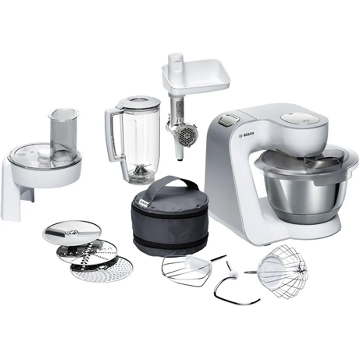 Bosch MUM58231 konyhai robotgép fehér-ezüst 1000W 3D bolygómozgás 3,9 l nemesacél tál szeletelő reszelő húsdaráló turmixkehely tartozéktároló táska #1