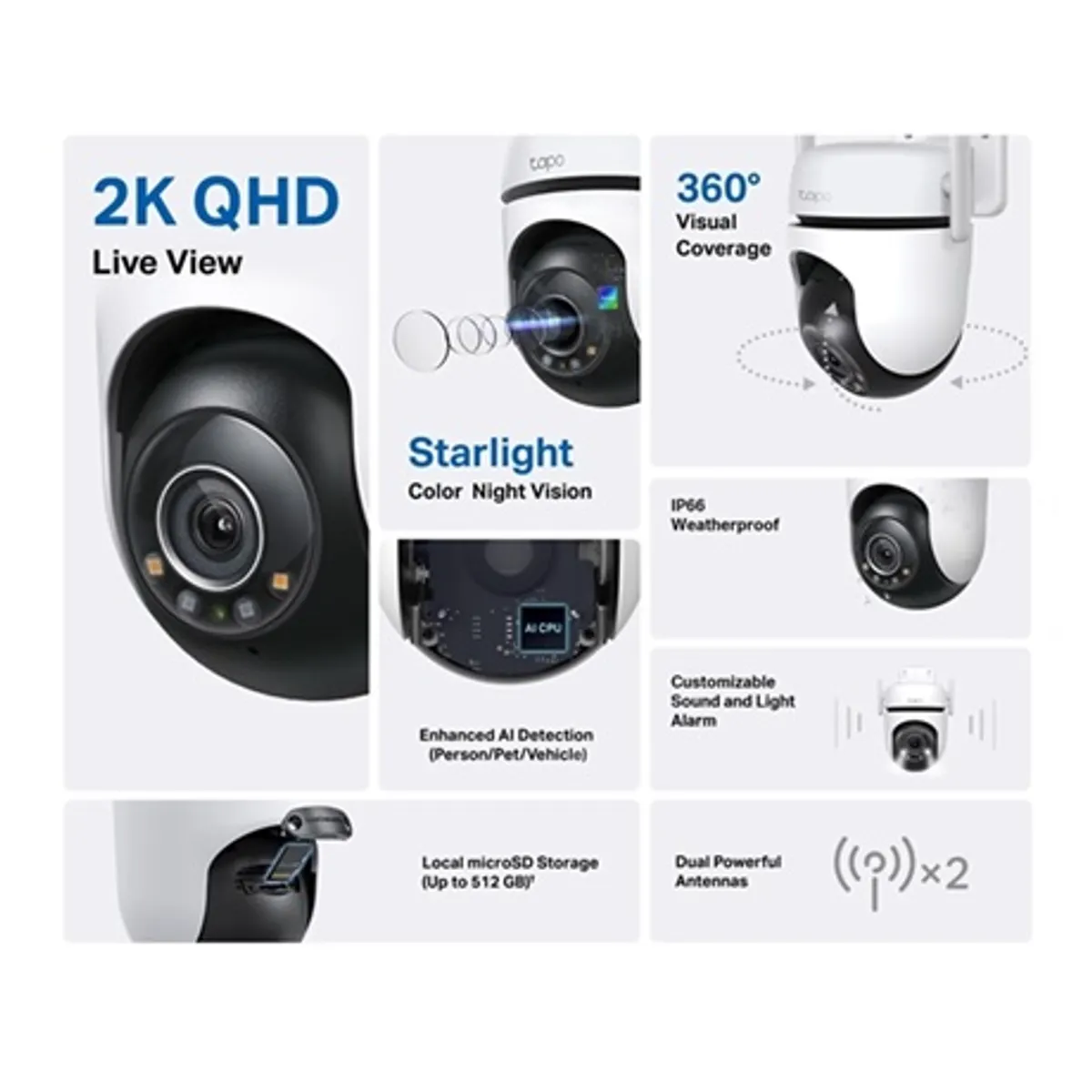 TP-Link TAPO C520WS 4MP 2K IP66 kültéri dóm kamera 360 fok látószög, 3.18mm, 2.4GHz Wi-Fi, H.264, kétutas hang, microSD #2