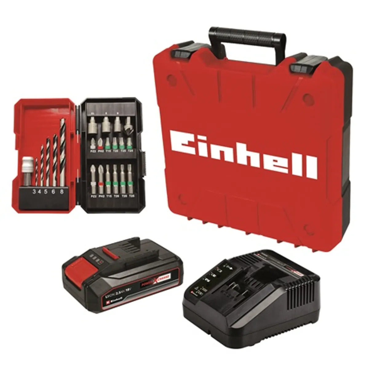 Einhell TE-CD 18-2 LI-I 22 Akkus ütvefúró-csavarozó Power X-Change 18 V 2-fokozatú 44 Nm 13 mm tokmány LED Softgrip 2,5 Ah akkumulátor gyorstöltő E-Box Basic 22 részes készlet #2