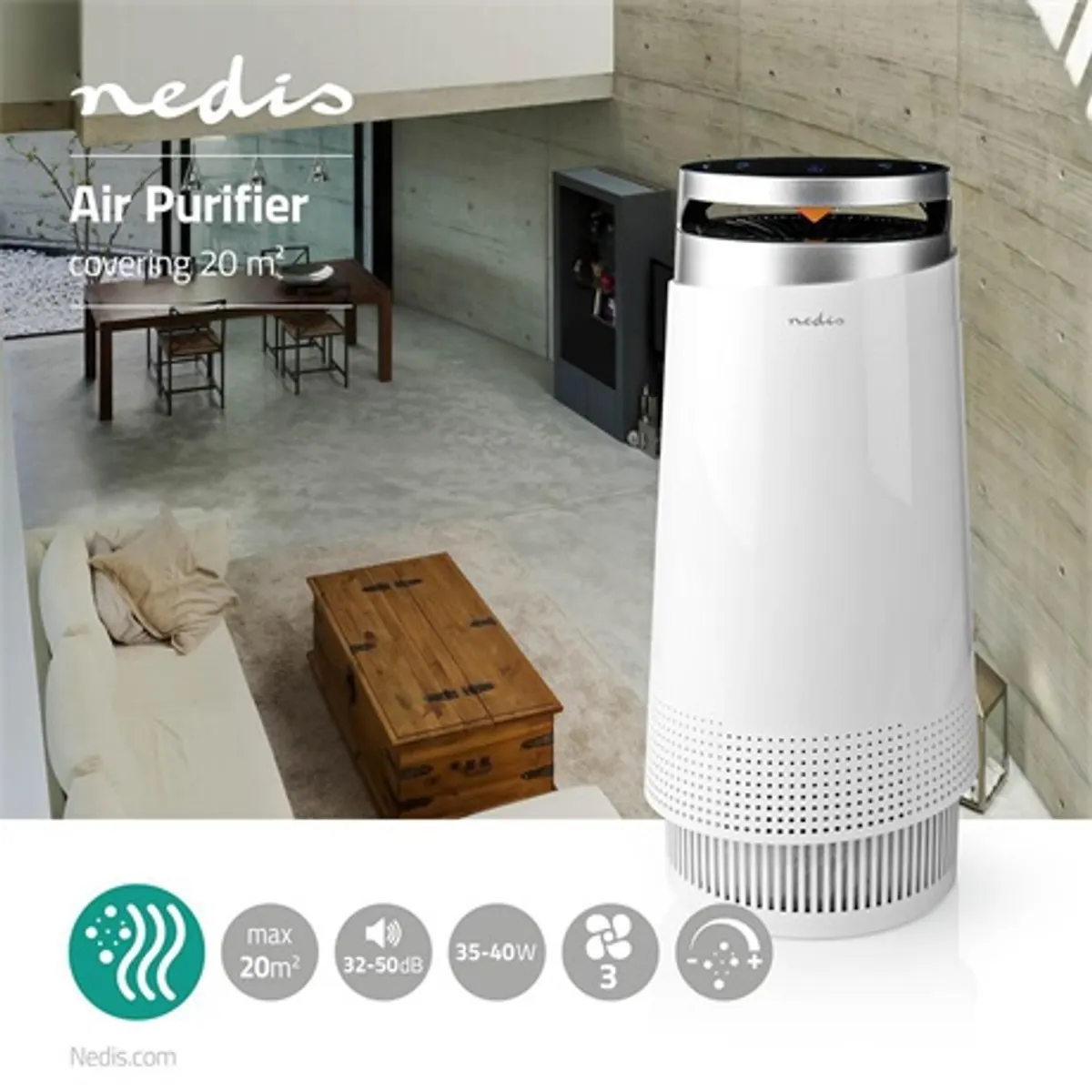 Nedis AIPU100CWT légtisztító HEPA H13 ionizátor 3 sebesség CADR 130m3h 20m2 zaj 32-50dB #2