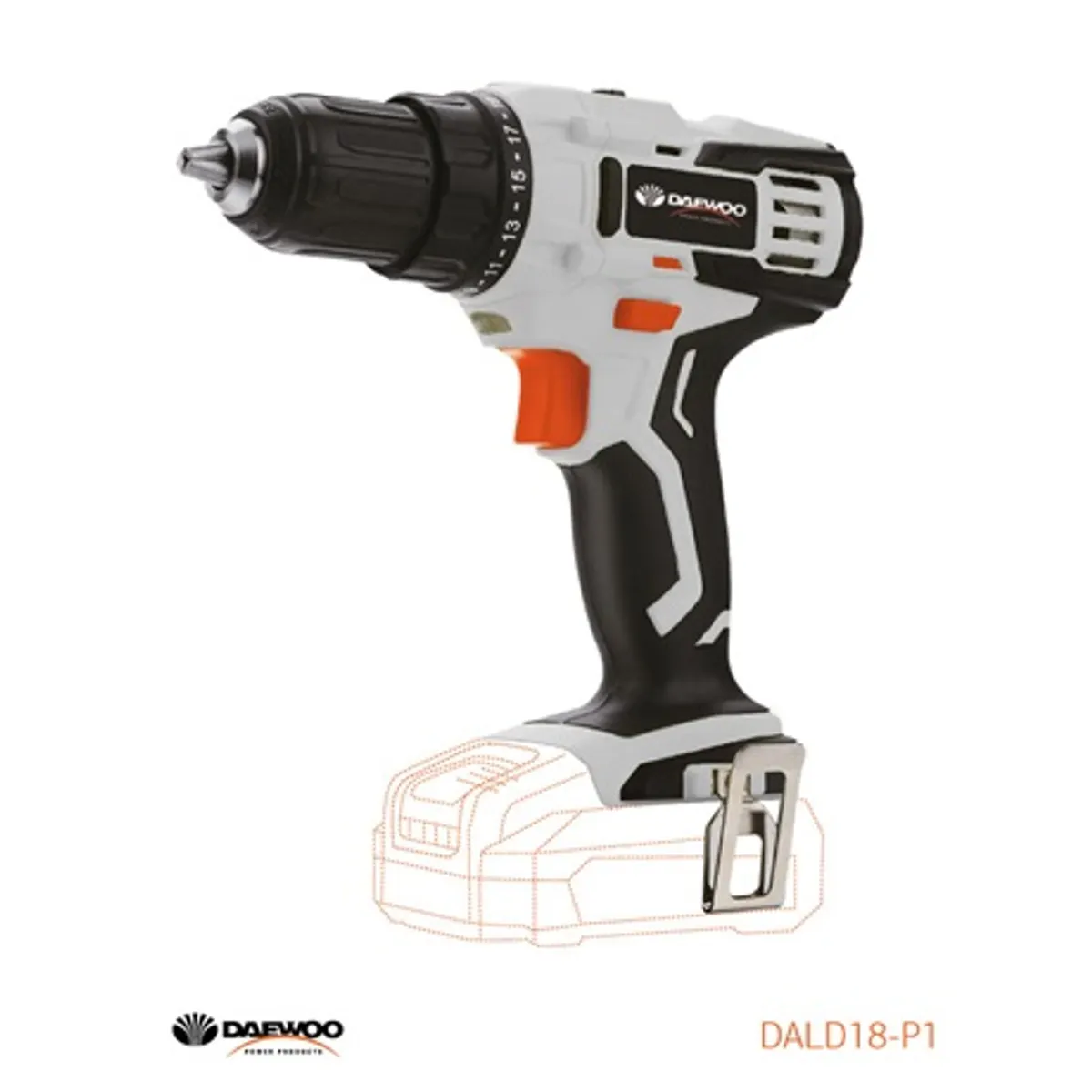 Daewoo DALD18-P1 akkumulátoros fúró-csavarozó 18V kétfokozatú 0-350 0-1300 rpm 25 Nm 10 mm gyorstokmány övtartó nélkül #1