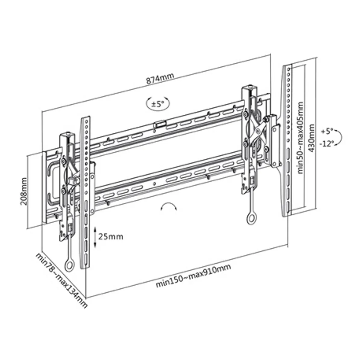 Stell SHO 3630 Fali konzol 43"-100" teherbírás 70 kg dőlés 12° forgás 5° szintkorrekció 3° távolság falhoz 7,8-13,4 cm VESA 150x50-910x405 #9