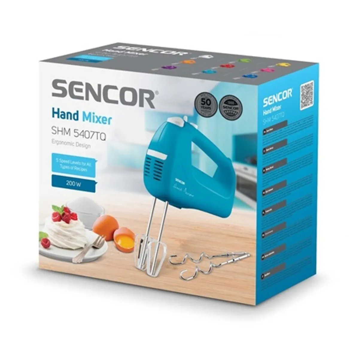 Sencor SHM 5407TQ Kézi mixer 200 W 5 fokozat Turbo rozsdamentes acél habverő és dagasztókar fehér kék #8