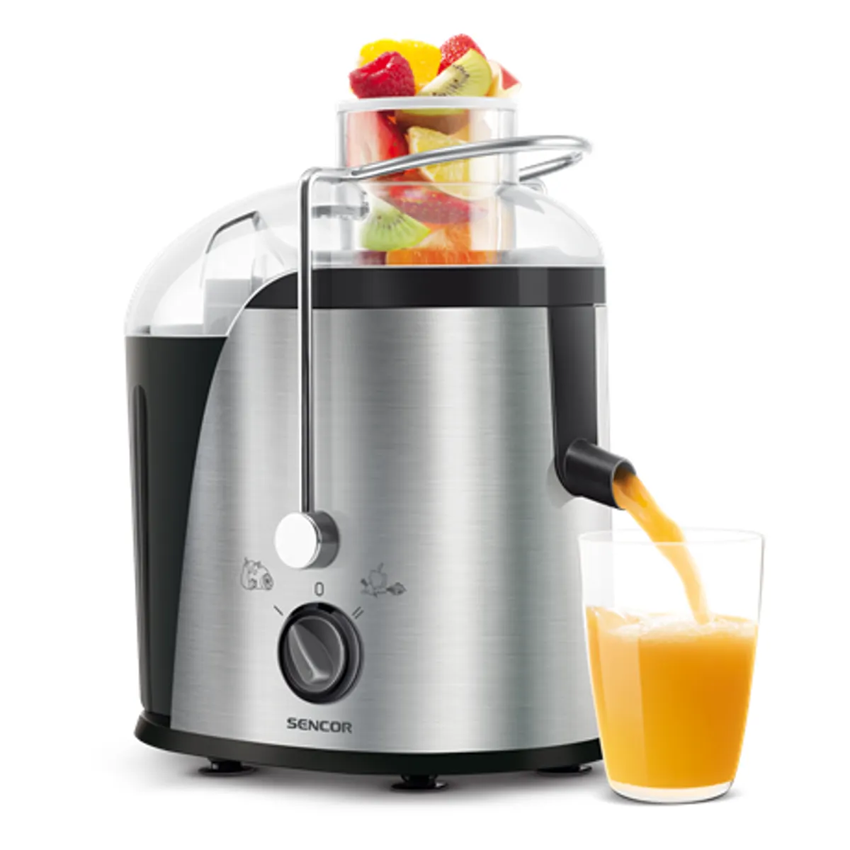Sencor SJE741SS gyümölcscentrifuga 400 W 2 sebesség 11000 rpm 13000 rpm 1,2 l rostgyűjtő 65 mm töltőnyílás #1