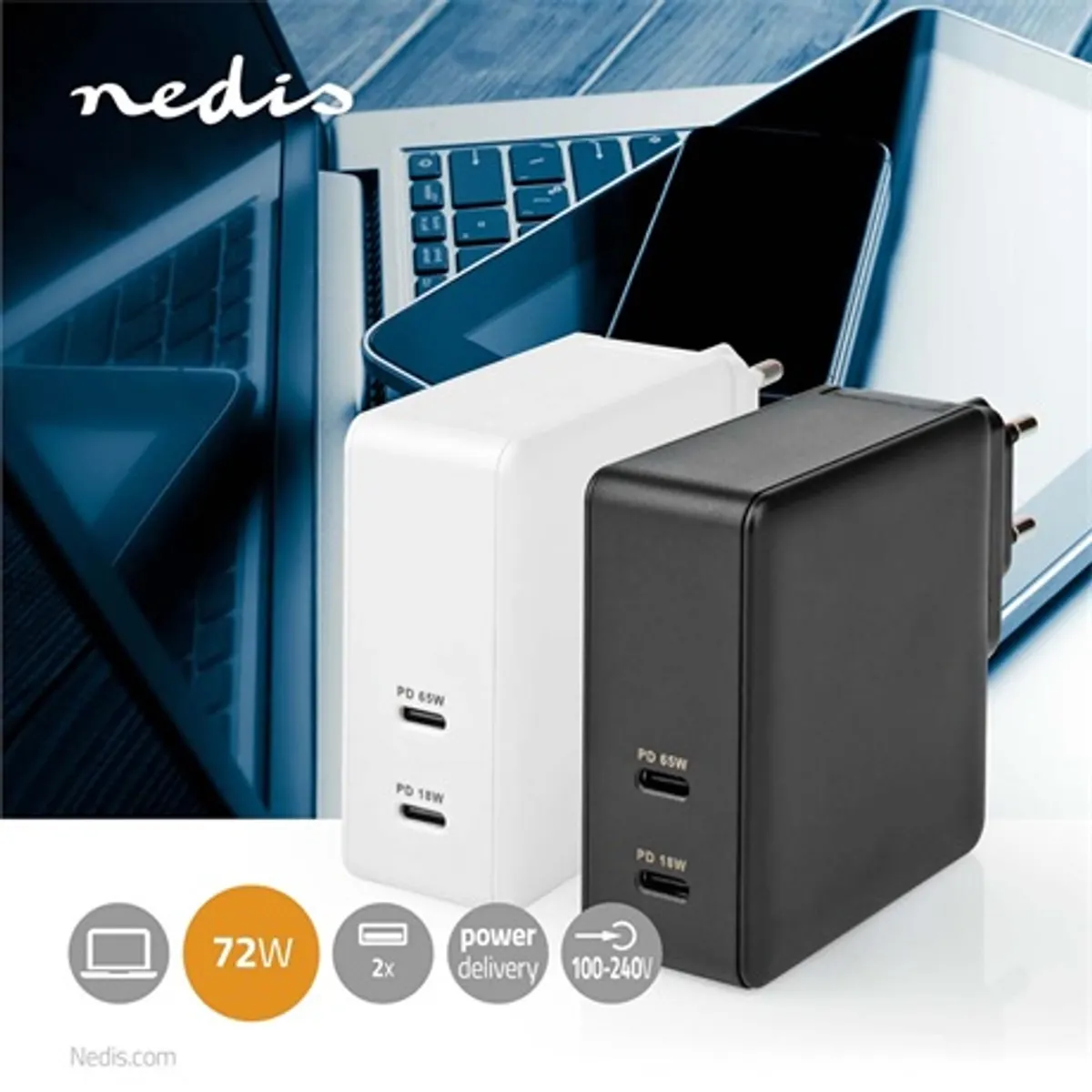 Nedis WCPD65W110BK fali töltő PD3.0 65W 2x USB-C automatikus feszültség kiválasztás EU UK csatlakozóval #9