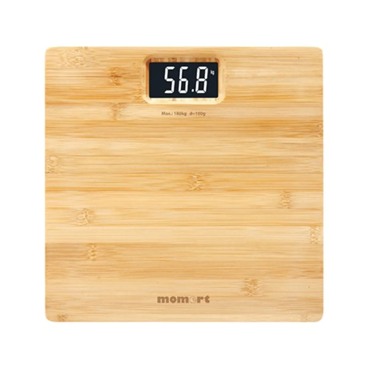 Momert 5877 bambusz felületű személymérleg 180 kg kapacitás, 100 g osztás, precíz mérés, automatikus kikapcsolás, kontrasztos kijelző, túlterhelés jelzés #1