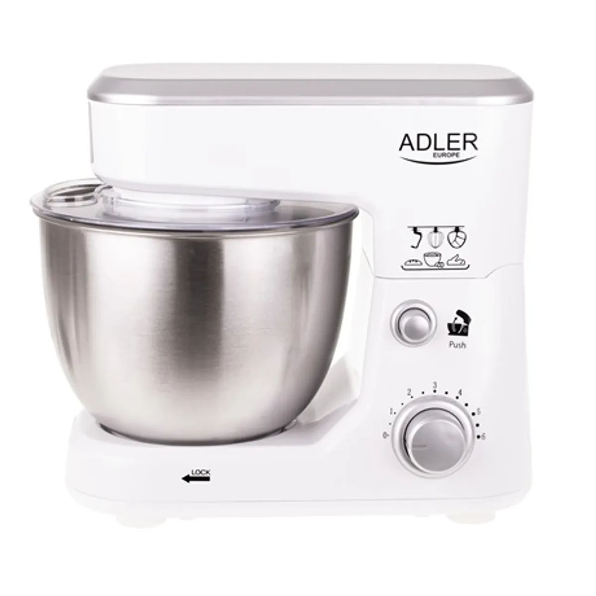 Adler AD4216 konyhai robotgép 6 sebesség 4 literes edény fröccsenésgátló 3 tartozék: sima habverő, tojásfelverő, tésztagyúró 220-240V #1