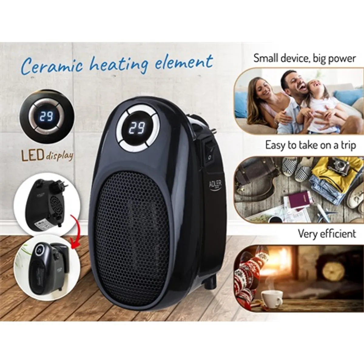 Adler AD7726 fali fűtőventilátor 1500W 12 órás időzítő 15-35°C LED kijelző kerámia fűtőelem #3