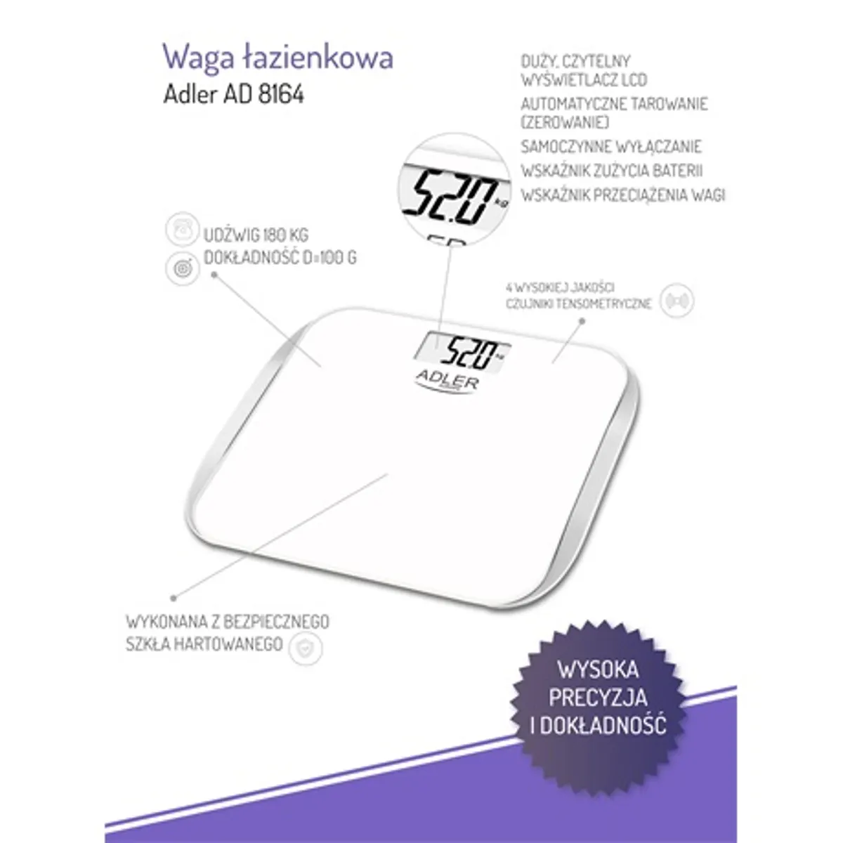 Adler AD8164 Személymérleg 180 kg 100 g 4-szenzoros edzett üveg 6 mm LCD automatikus nulla automatikus kikapcsolás #3
