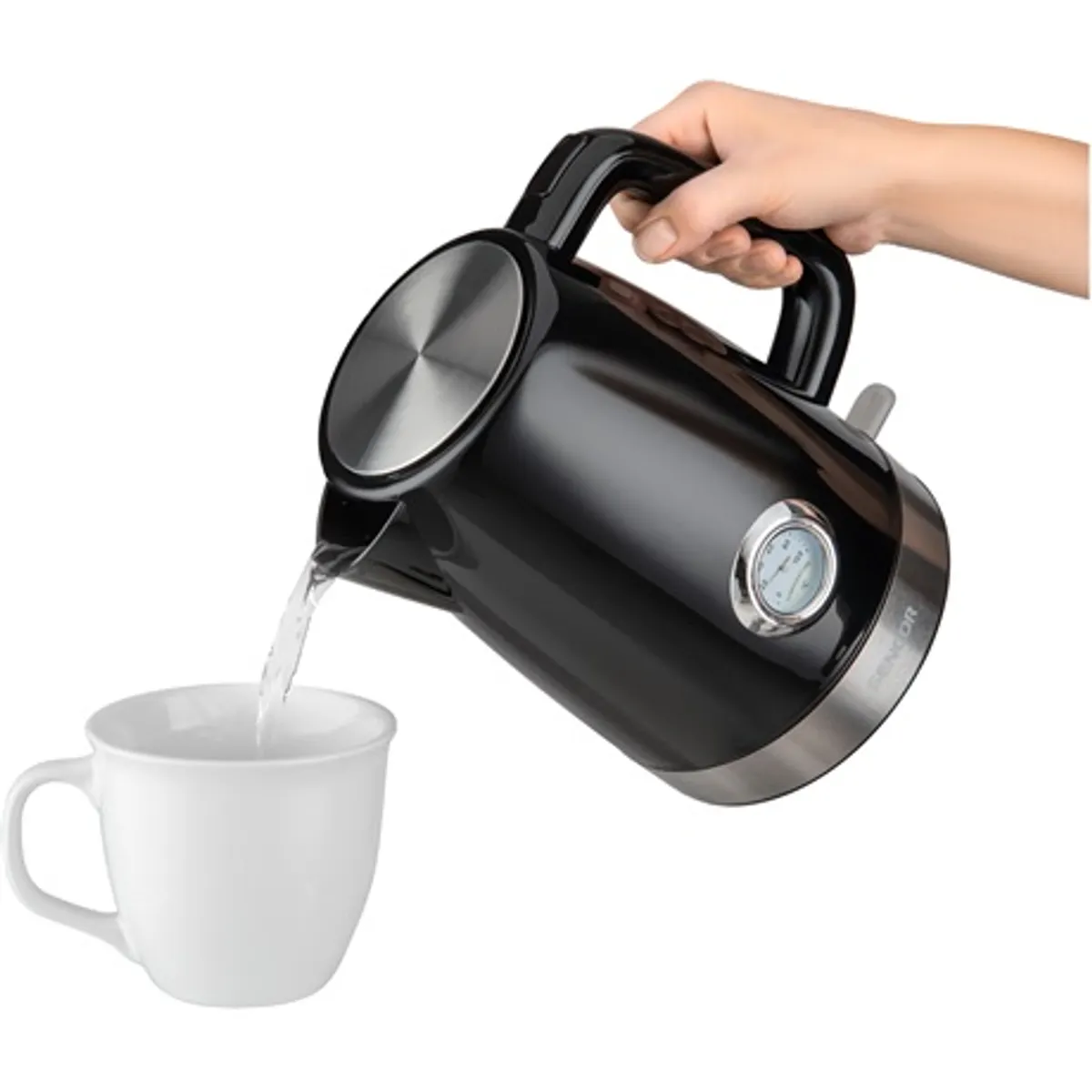Sencor SWK1798BK vízforraló 1,7 l 2150 W beépített hőmérő rozsdamentes acél fűtőlap rejtett spirál vízszint kijelző működésjelző fedélzár #7