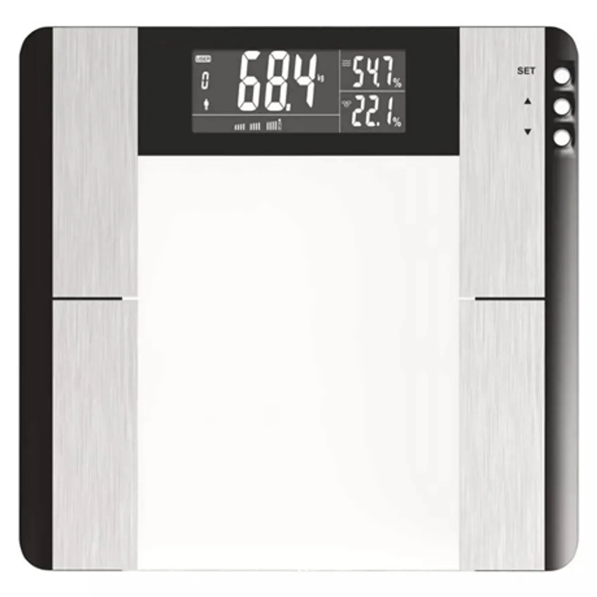 Emos EV104 EV104 150 kg, 100 g, BMI; automatikus kikapcsolás 35 s; háttérvilágítású LCD; edzett üveg; memória 10 fő; 2x AAA #1