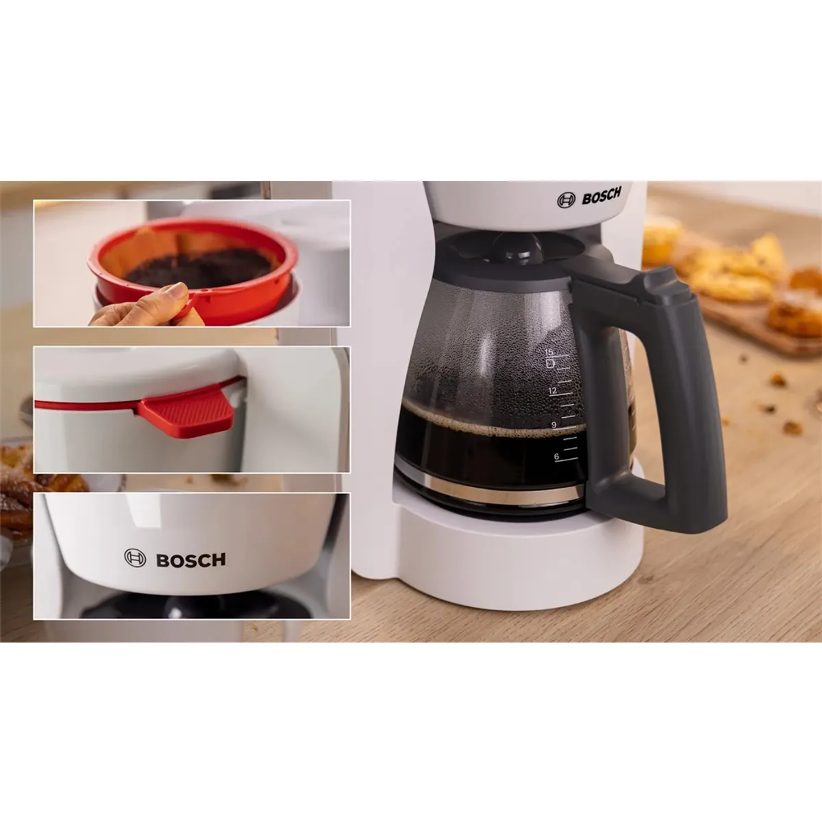 Bosch TKA2M111 filteres kávéfőző fehér 1,4 l 1200 W dripStop automatikus kikapcsolás 40 perc kihajtható szűrőtartó aromavédő üvegkanna #6