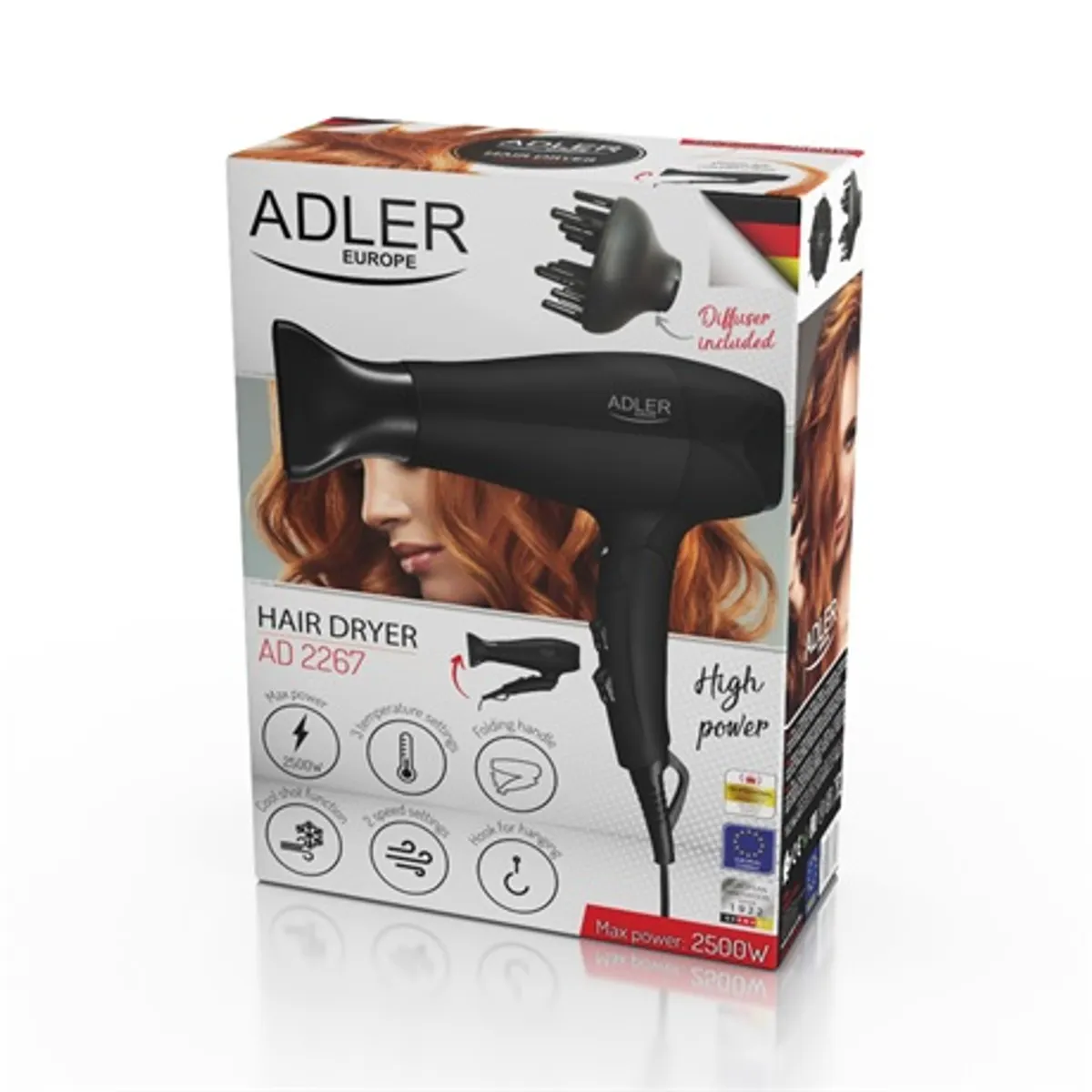 Adler AD2267 hajszárító 2100W 2 fokozat 3 hőmérséklet behajtható markolat diffúzor levegő szűkítő akasztófogantyú hideg levegő gomb 1.72 m #7
