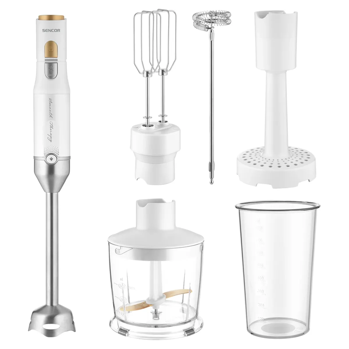 Sencor SHB 6441WH BOTMIXER 6 IN 1 1200 W 20 fokozat rozsdamentes acél pengék 800 ml keverőedény 500 ml aprítóedény tejhabosító fej krumplitörő #2