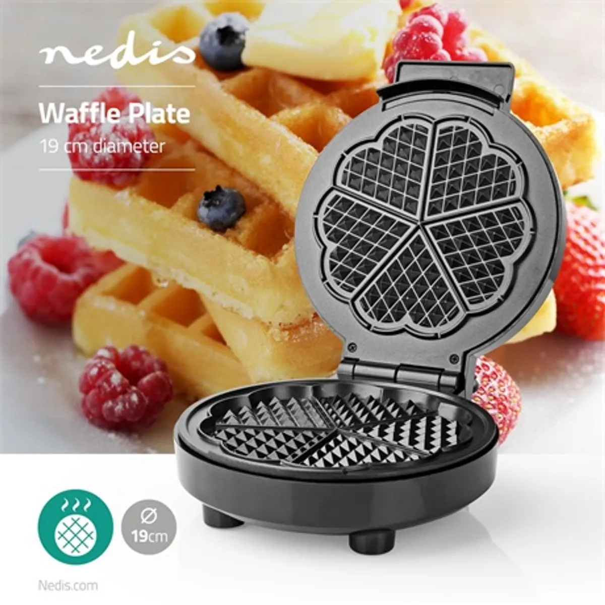 Nedis KAWP100BK gofrisütő szív alakú 19 cm, 1000 W, tapadásmentes bevonat, automatikus hőmérséklet-szabályozás, étel kész jelző, zárrendszer #2