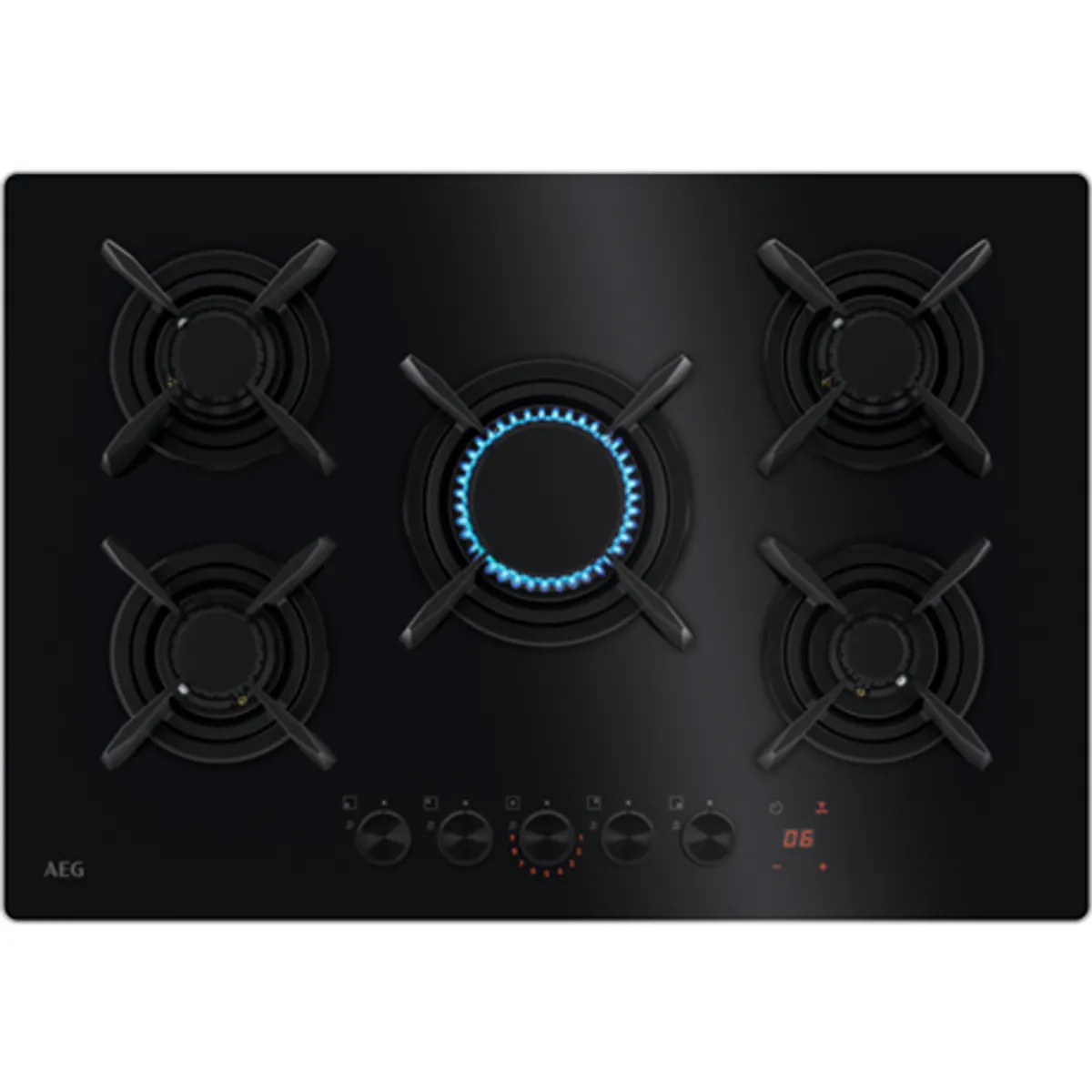 AEG HKB75453NB gázfőzőlap üveglapos fekete 74 cm 4 égő 5 kovácsoltvas edénytartó 9 lépéses gombos vezérlés StopGo 220-240V #1