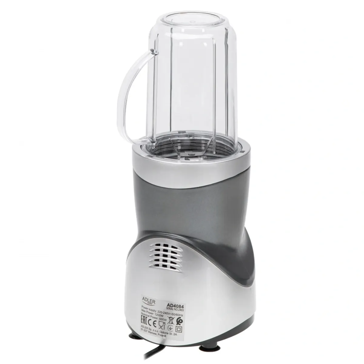 Adler AD4084 turmixgép 500W nominal 1200W max 4 pengés és 2 pengés rozsdamentes acél BPA mentes kulacs pulzáló védelem csúszásmentes talpak #7