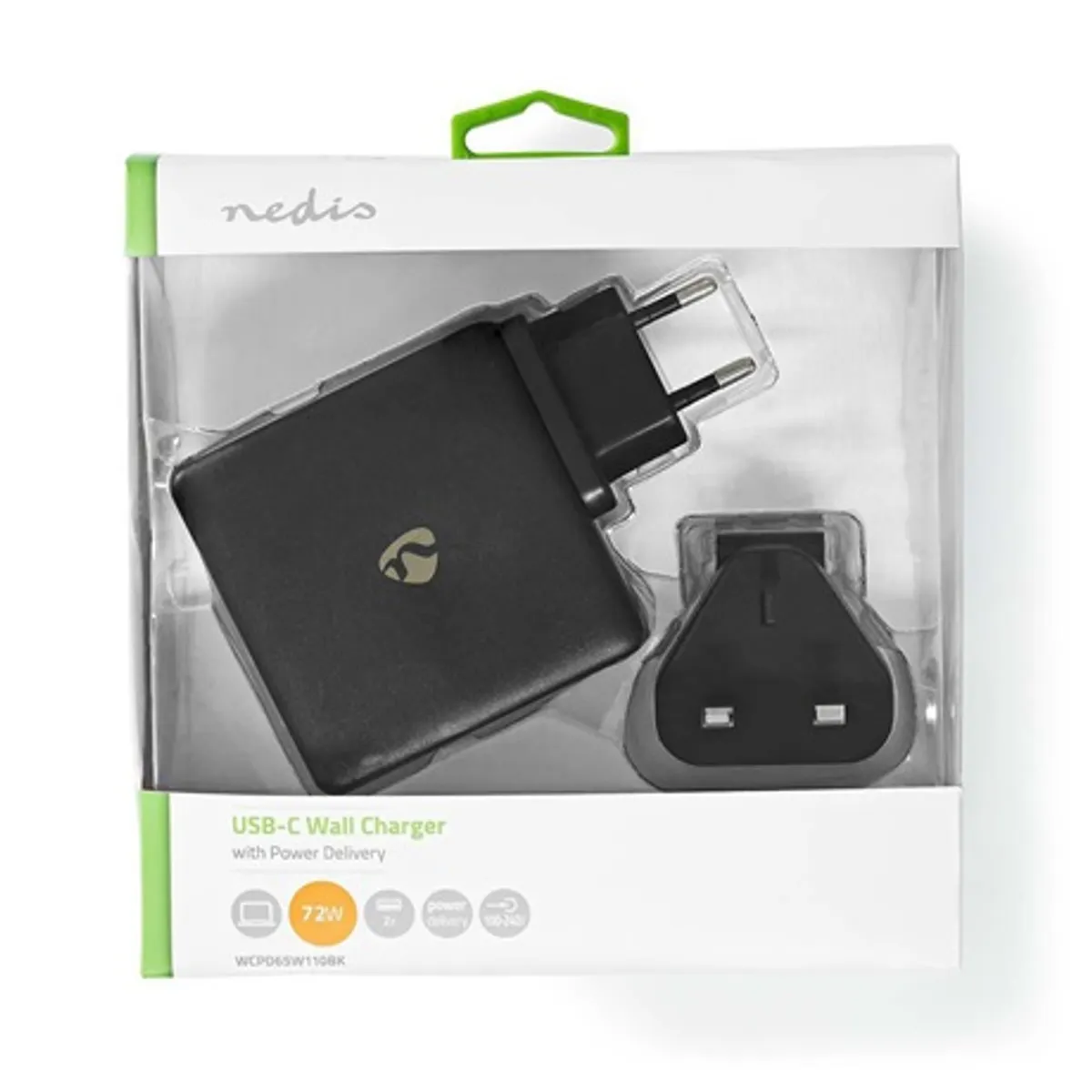 Nedis WCPD65W110BK fali töltő PD3.0 65W 2x USB-C automatikus feszültség kiválasztás EU UK csatlakozóval #10